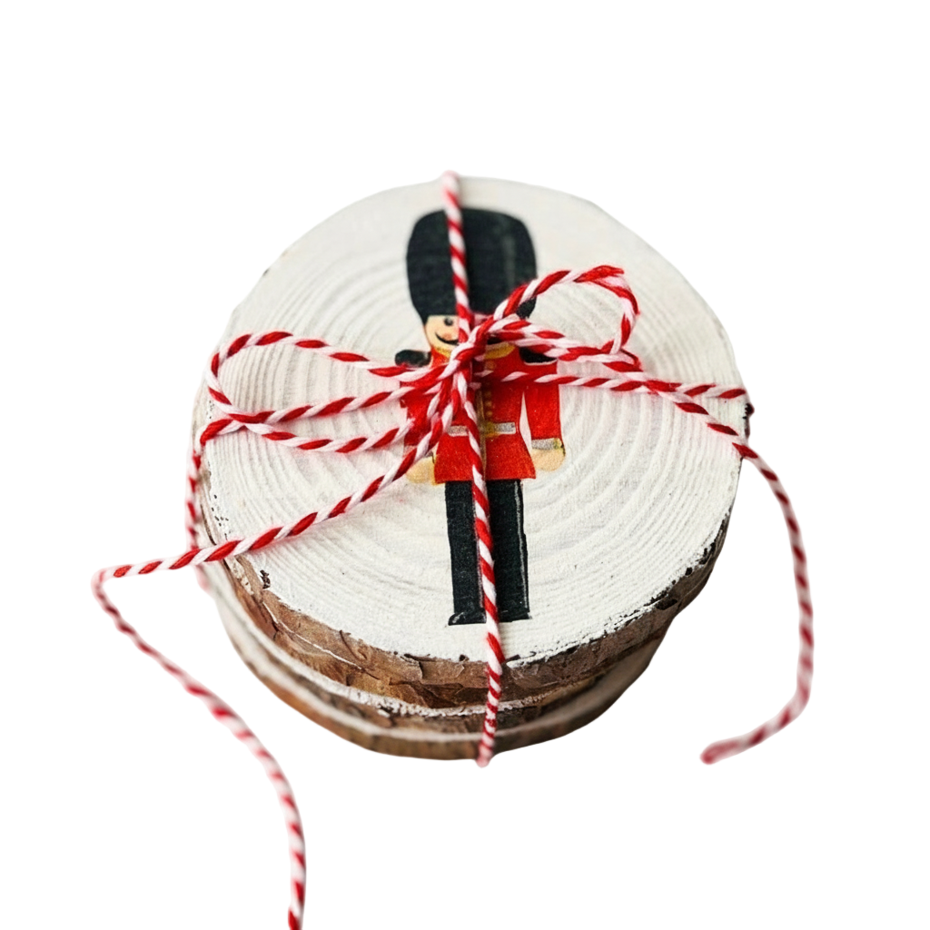 Kézzel készült szines diótörő mintás rusztikus  fa poháralátét mely szalvéta technikával készült, négy darab egymáson, piros-fehér pékzsineggel átkötve.