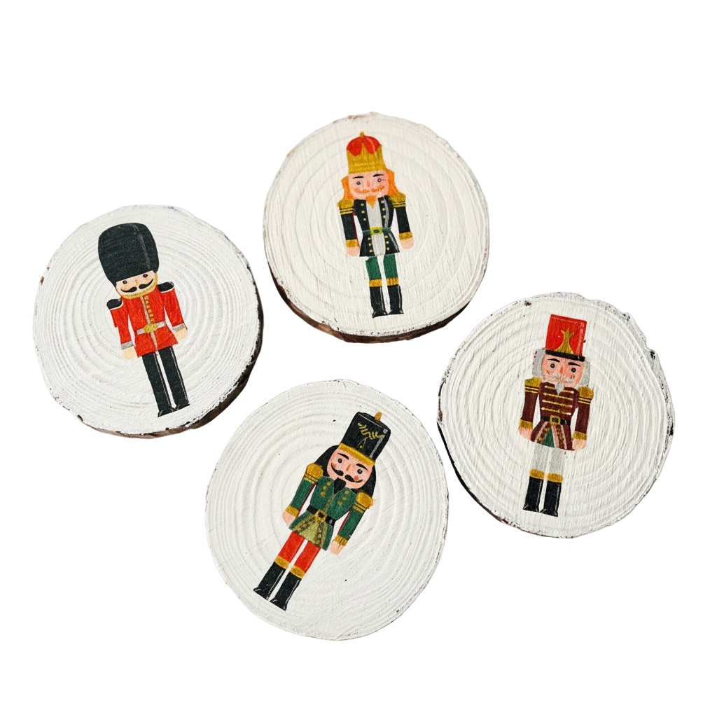 Négy kézműves színes diótörő mintás rusztikus fa poháralátét szalvéta technikával készítve, egymás mellett fektetve, egyedi asztali dekorációként