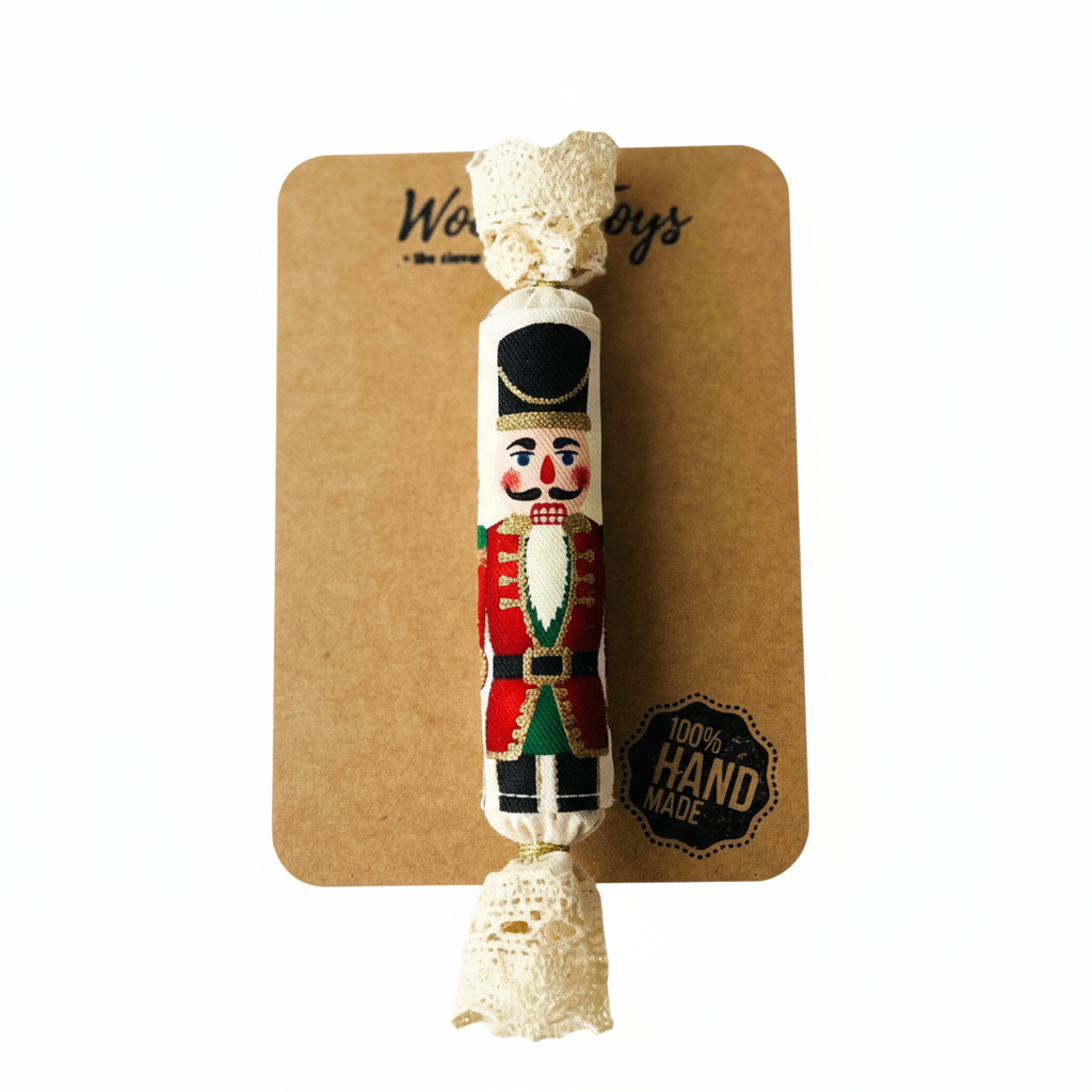 Diótörő textil szaloncukor karácsonyfadísz - fekete kalappal