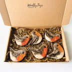 Hat tűnemezelt színes gyapjú vörösbegy függődísz elegáns kraft díszdobozban, barna zsinórokkal, készen az ajándékozásra.